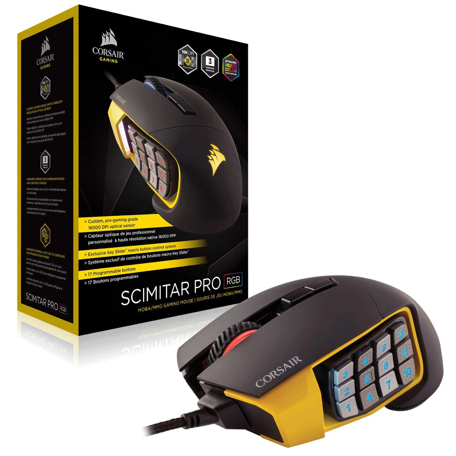 12 Programmable Side Buttons CORSAIR Scimitar Pro RGB Yellow 16,000 DPI Optical Sensor MMO Gaming Mouse 